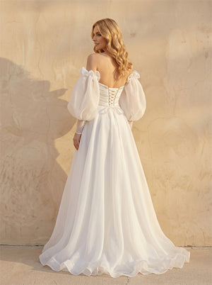 Strapless Off Shoulder Puff Organza Sleeve Beaded Chiffon Wedding Dress Corset Lace Up Back Flowy A Line Bridal Dress