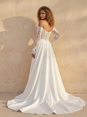 Off Shoulder Long Sleeve Lace Corset Wedding Dress Elegant Satin A Line Flowy Bridal Dress With Pearl Detail