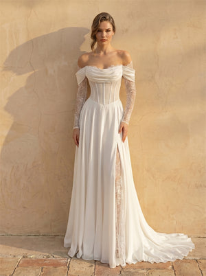 Off Shoulder Draped Long Lace Sleeve Corset Chiffon Wedding Dress High Slit A Line Flowy Bridal Dress