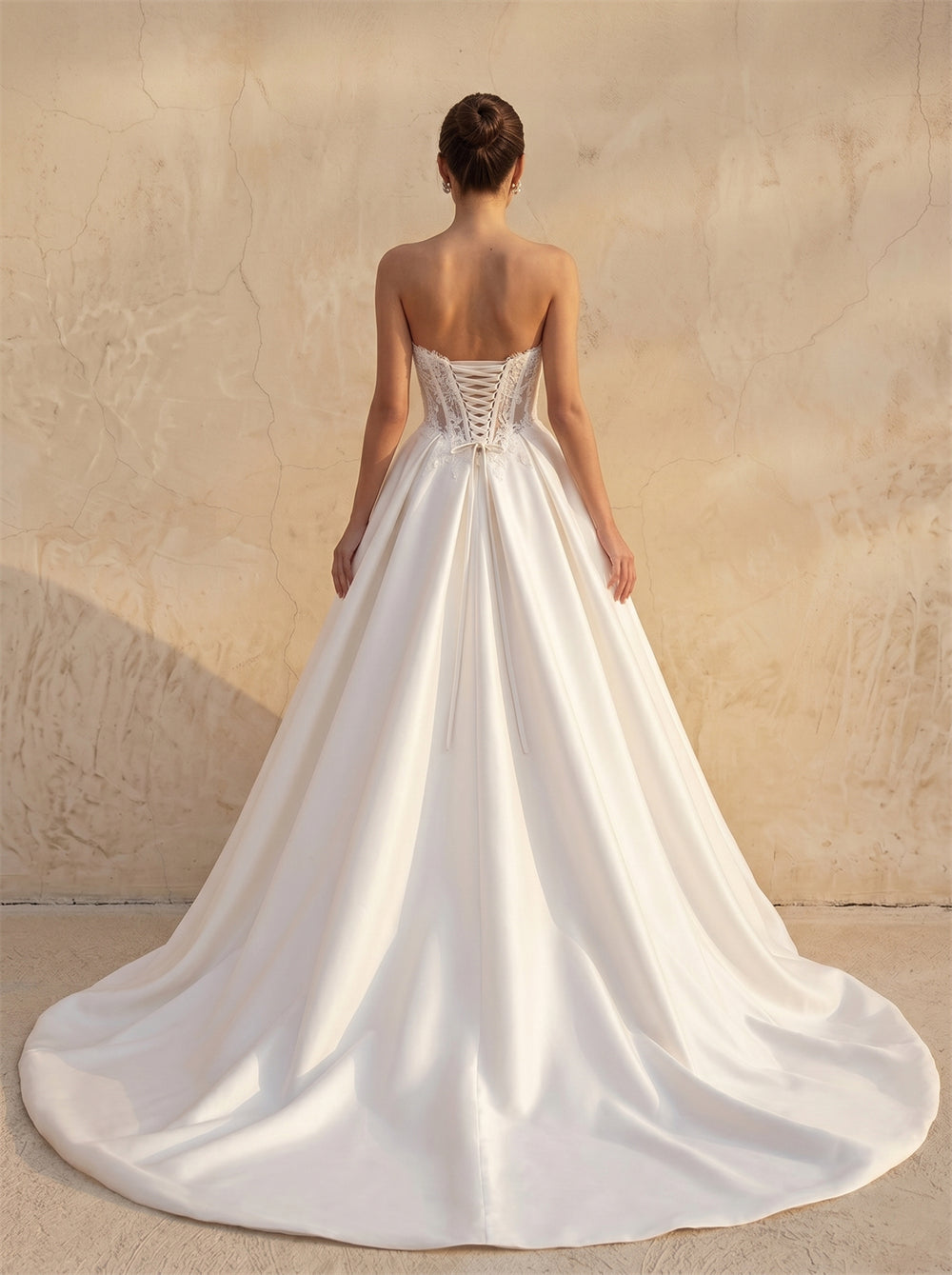 Strapless Sweetheart Sheer Corset Lace Satin Ball Gown Wedding Dress Classic Voluminous A Line Bridal Dress