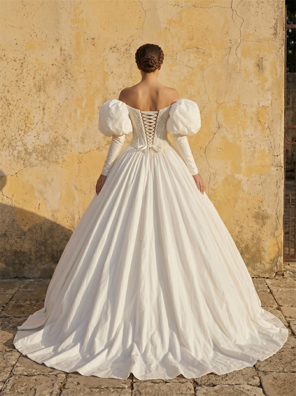 Off Shoulder Puff Long Sleeve Beaded Corset Satin Ball Gown Wedding Dress Luxury Voluminous Princess Bridal Dress