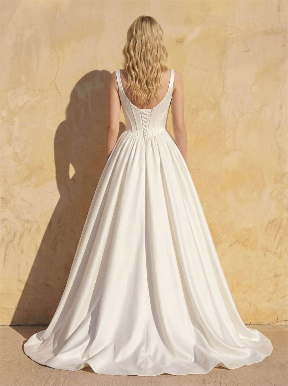 Square Neck Wide Strap Structured Corset Satin Ball Gown Wedding Dress Minimalist Voluminous A Line Bridal Dress