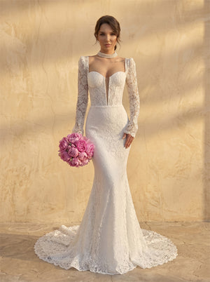 Long Sleeve Sweetheart Deep Plunge Full Lace Mermaid Wedding Dress Elegant Fitted Long Train Bridal Dress