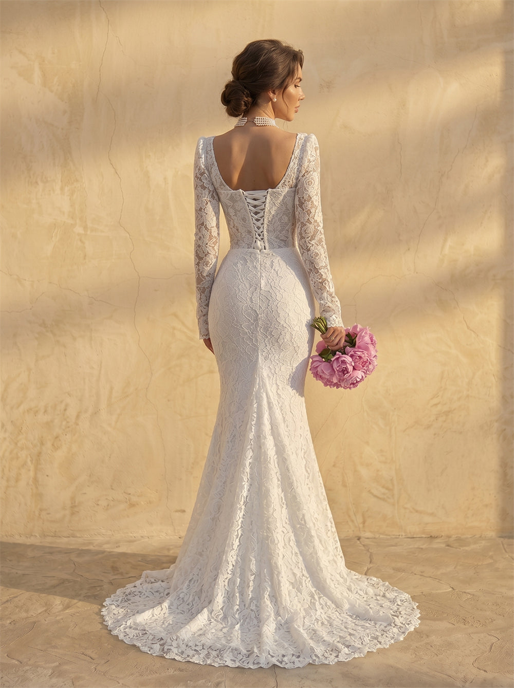 Long Sleeve Sweetheart Deep Plunge Full Lace Mermaid Wedding Dress Elegant Fitted Long Train Bridal Dress