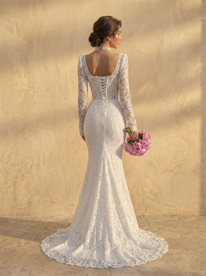 Long Sleeve Sweetheart Deep Plunge Full Lace Mermaid Wedding Dress Elegant Fitted Long Train Bridal Dress