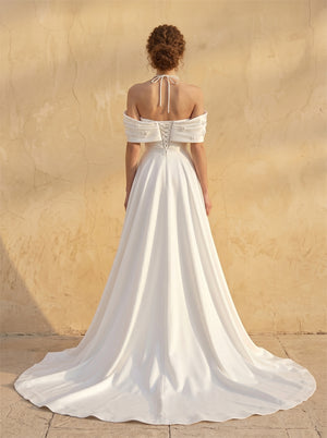 Off Shoulder Sweetheart Pleated Satin Wedding Dress Floral Appliques High Slit A Line Long Train Bridal Dress