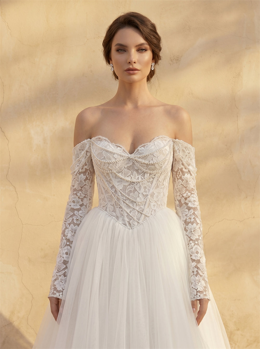 Off Shoulder Long Sleeve Lace Corset Tulle Ball Gown Wedding Dress Beaded Sweetheart Lace Up Back Romantic Bridal Dress
