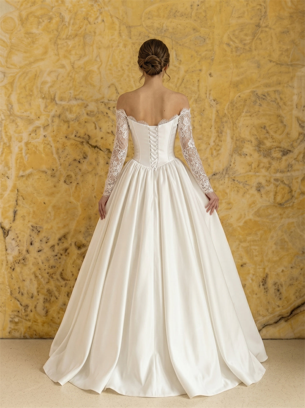 Off Shoulder Long Lace Sleeve Sweetheart Corset Satin Ball Gown Wedding Dress Lace Up Back Classic Princess Bridal Dress