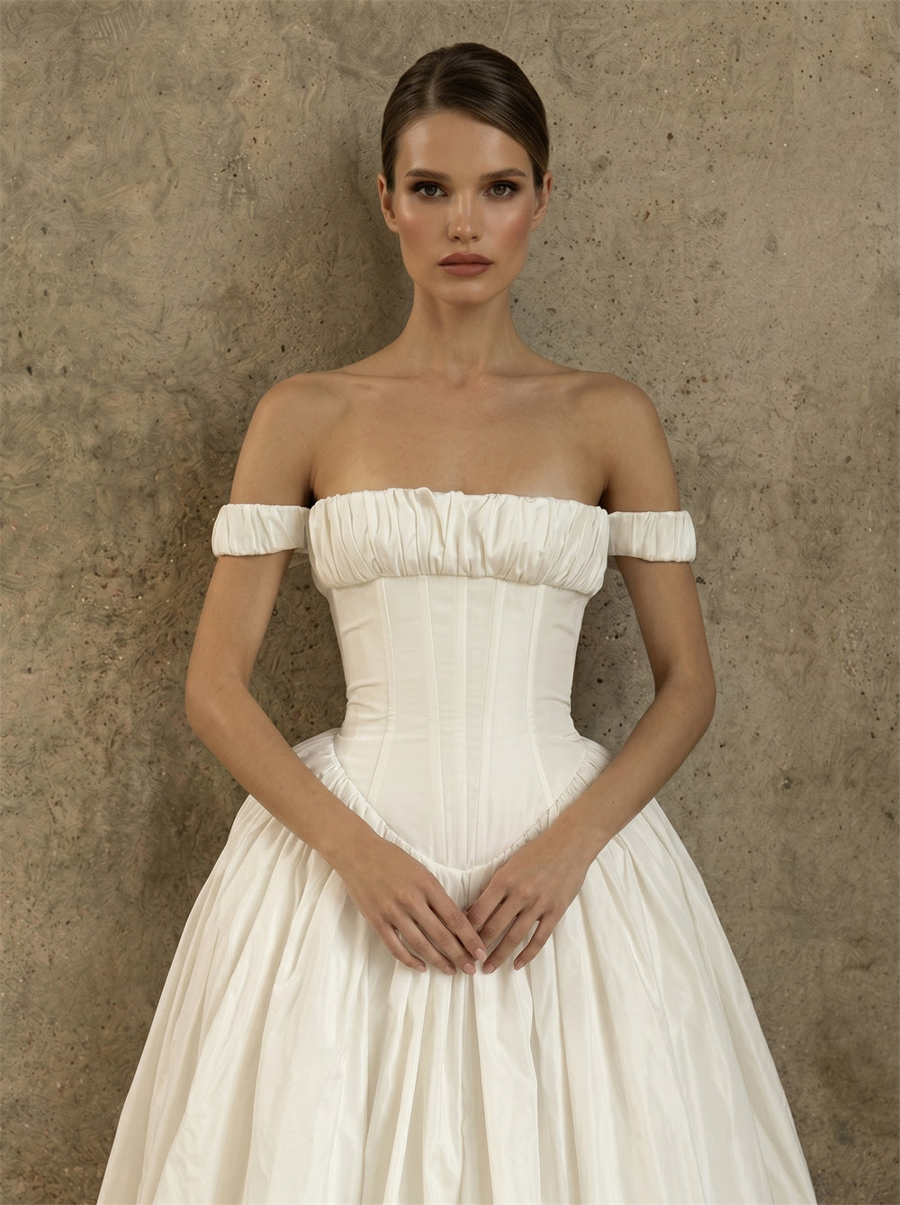 Off Shoulder Ruched Tube Top Satin Ball Gown Wedding Dress Sweetheart Button Back Classic Voluminous Bridal Dress