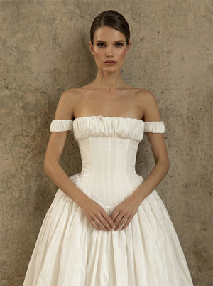 Off Shoulder Ruched Tube Top Satin Ball Gown Wedding Dress Sweetheart Button Back Classic Voluminous Bridal Dress