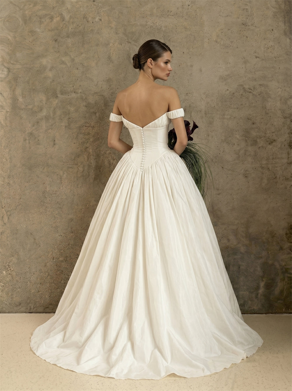 Off Shoulder Ruched Tube Top Satin Ball Gown Wedding Dress Sweetheart Button Back Classic Voluminous Bridal Dress
