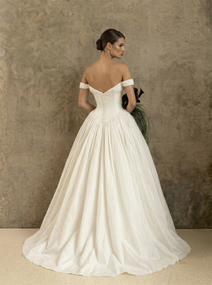 Off Shoulder Ruched Tube Top Satin Ball Gown Wedding Dress Sweetheart Button Back Classic Voluminous Bridal Dress