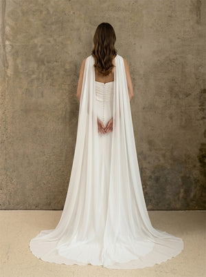 Strapless Draped Satin Mermaid Wedding Dress With Detachable Cape Shoulder Cloak Pearl Button Back Modern Minimalist Bridal Dress