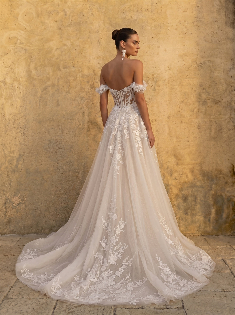 Off Shoulder Plunge V Sheer Corset Floral Lace Glitter Tulle Wedding Dress Low Open Back Lace Up A Line Long Train Romantic Bridal Dress