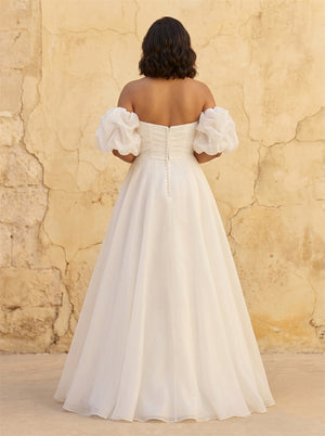 Strapless Beaded Bodice Detachable Puff Off Shoulder Sleeve Organza A Line Wedding Dress Back Pearl Button Romantic Voluminous Bridal Dress