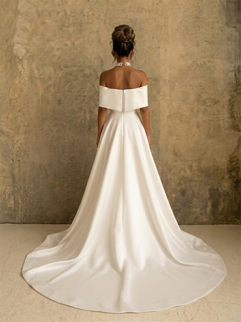Off Shoulder Fold Collar Satin Wedding Dress Front High Slit Elegant A Line Long Train Minimalist Bridal Dress