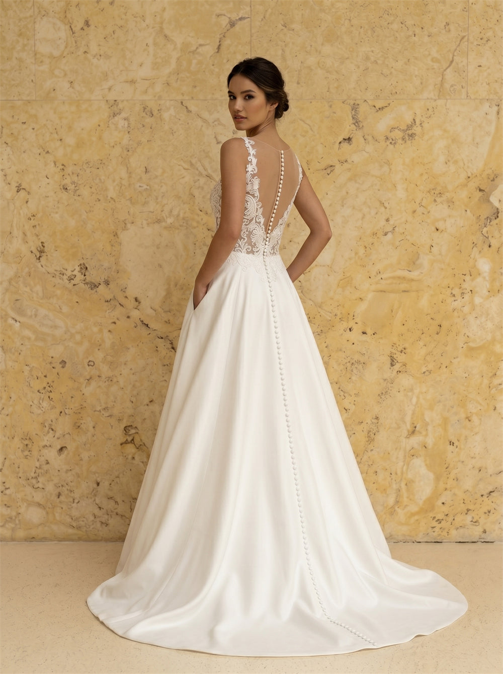 Plunge V Neck Lace Bodice Satin A Line Wedding Dress Sheer Illusion Low Back Pearl Buttons With Side Pockets Elegant Bridal Dress