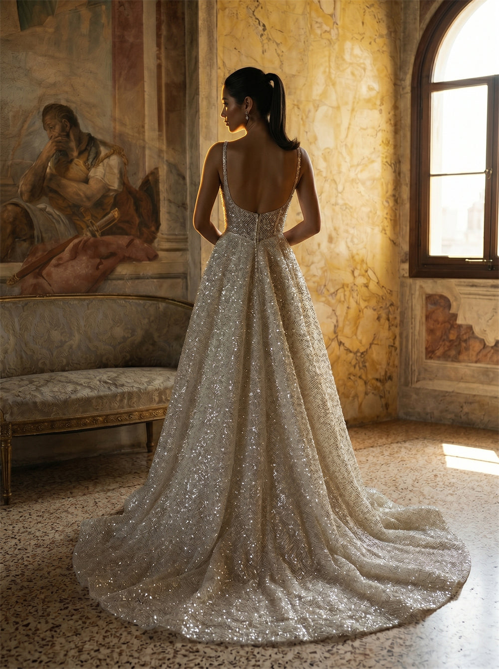 Square Neck Spaghetti Strap Full Sequin Ball Gown Wedding Dress Deep Low Open Back Sparkly Glitter A Line Long Train Luxury Bridal Dress