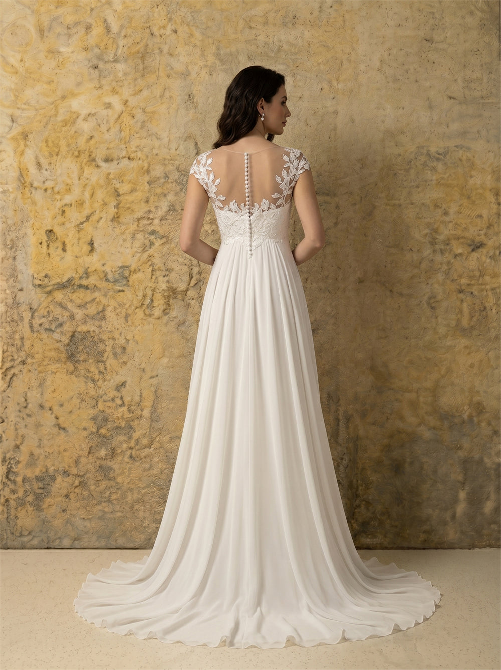 Cap Sleeve Leaf Lace Illusion Neck Empire Waist Chiffon Wedding Dress Sheer Illusion Back Pearl Button Elegant Flowy Bridal Dress