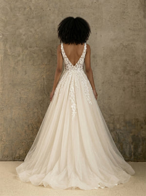 Deep V Neck Sleeveless 3D Leaf Lace Glitter Tulle A Line Wedding Dress Deep V Low Back Romantic Voluminous Long Train Bridal Dress