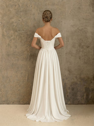 Off Shoulder Sweetheart Corset Satin Wedding Dress High Leg Slit Lace Up Back Flowy A Line Minimalist Elegant Bridal Dress