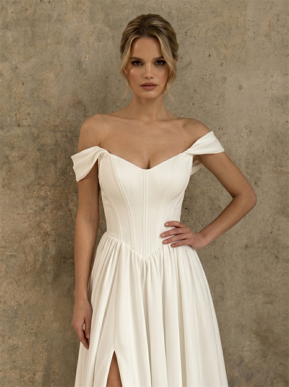 Off Shoulder Sweetheart Corset Satin Wedding Dress High Leg Slit Lace Up Back Flowy A Line Minimalist Elegant Bridal Dress