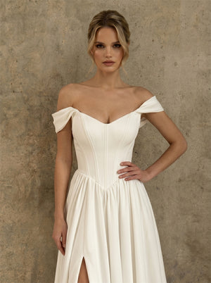 Off Shoulder Sweetheart Corset Satin Wedding Dress High Leg Slit Lace Up Back Flowy A Line Minimalist Elegant Bridal Dress