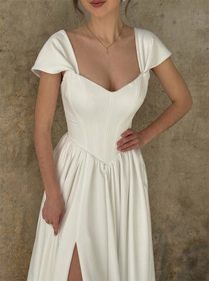 Off Shoulder Sweetheart Corset Satin Wedding Dress High Leg Slit Lace Up Back Flowy A Line Minimalist Elegant Bridal Dress