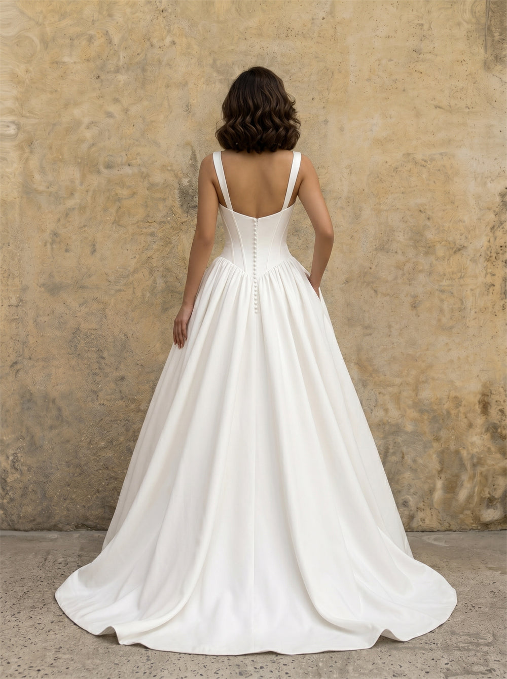 Square Strap Strapless Structured Satin Wedding Dress Deep V Back Button A Line Ball Gown With Side Pockets Luxury Bridal Dress