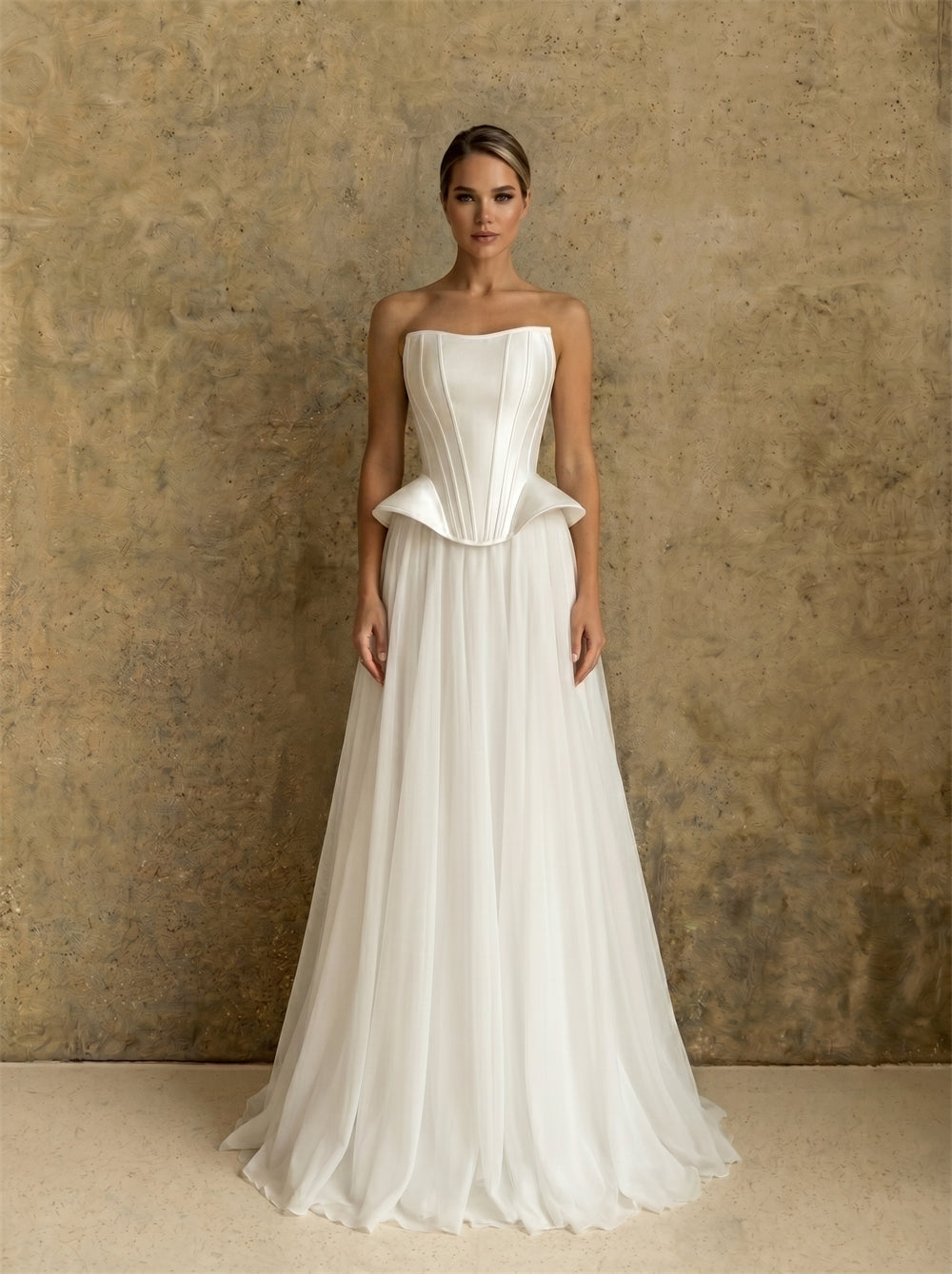 Strapless Structured Peplum Satin Corset Chiffon A Line Wedding Dress Lace Up Back Minimalist Elegant Bridal Dress