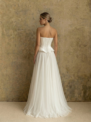 Strapless Structured Peplum Satin Corset Chiffon A Line Wedding Dress Lace Up Back Minimalist Elegant Bridal Dress