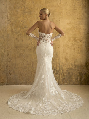 Strapless Floral Lace Mermaid Wedding Dress Detachable Long Lace Gloves Sheer Illusion Low Back Pearl Button Scalloped Train Luxury Bridal Dress