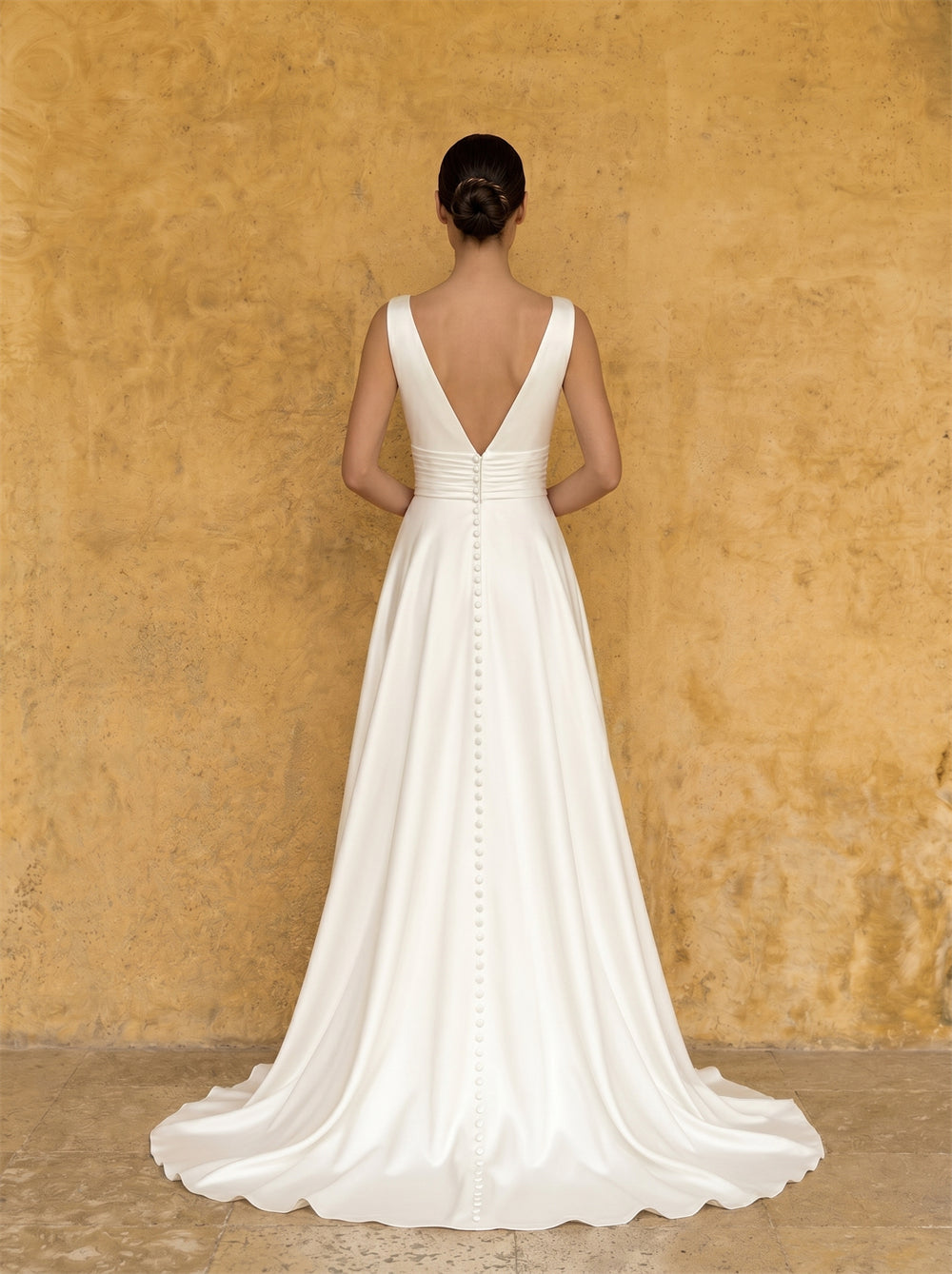 Sleeveless Deep V Neck Ruched Waist Satin A Line Wedding Dress High Leg Slit Deep V Low Back Full Button Minimalist Luxury Bridal Dress