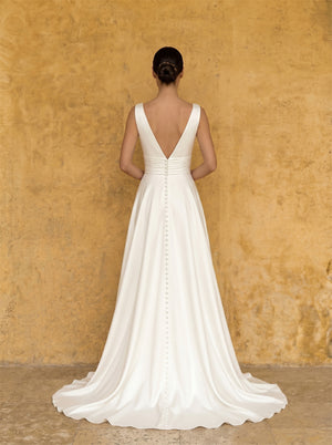 Sleeveless Deep V Neck Ruched Waist Satin A Line Wedding Dress High Leg Slit Deep V Low Back Full Button Minimalist Luxury Bridal Dress