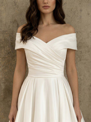 Off Shoulder Twist Bodice Lace Up Back A Line Satin Wedding Dress Bridal Dress