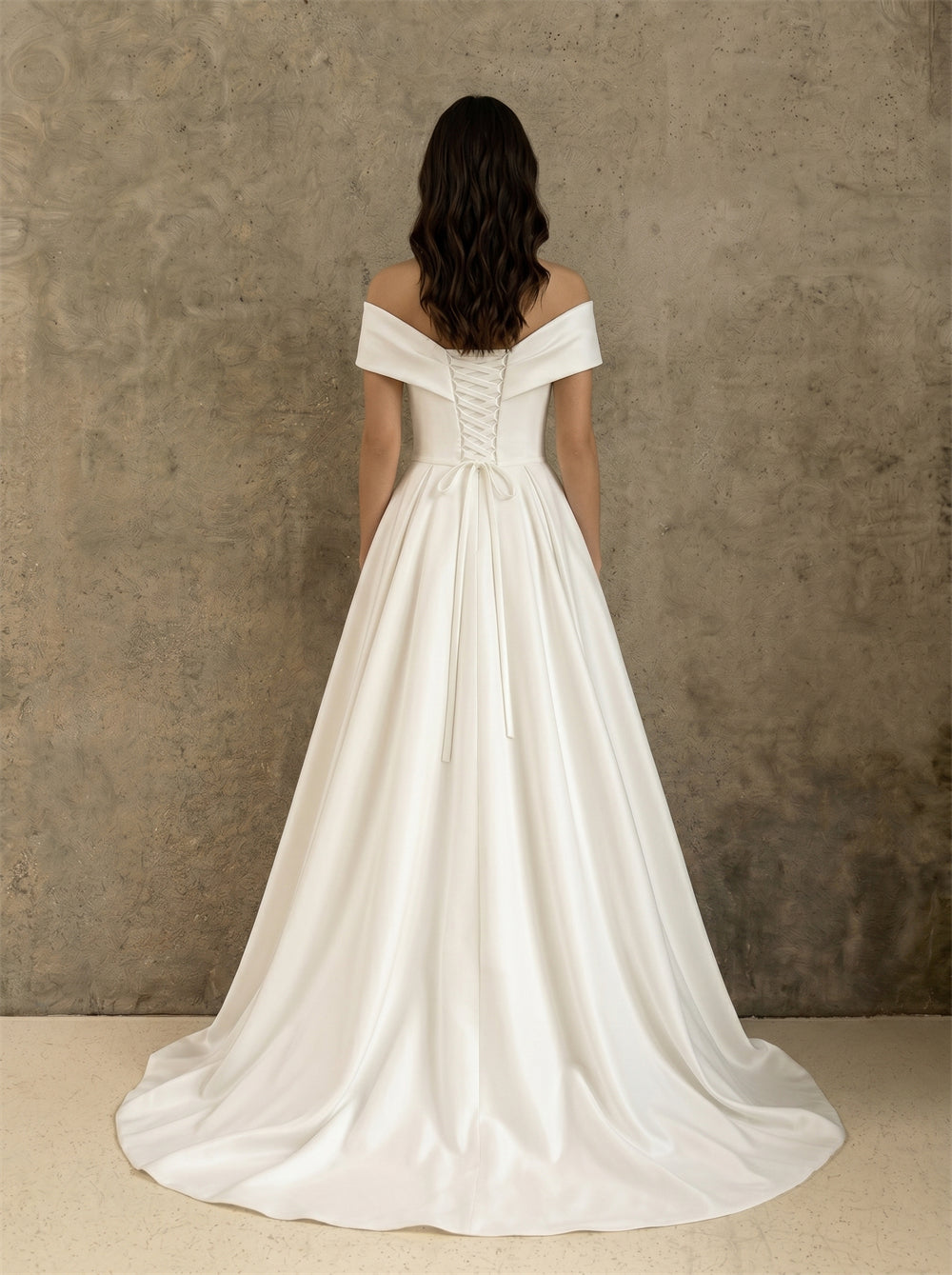 Off Shoulder Twist Bodice Lace Up Back A Line Satin Wedding Dress Bridal Dress