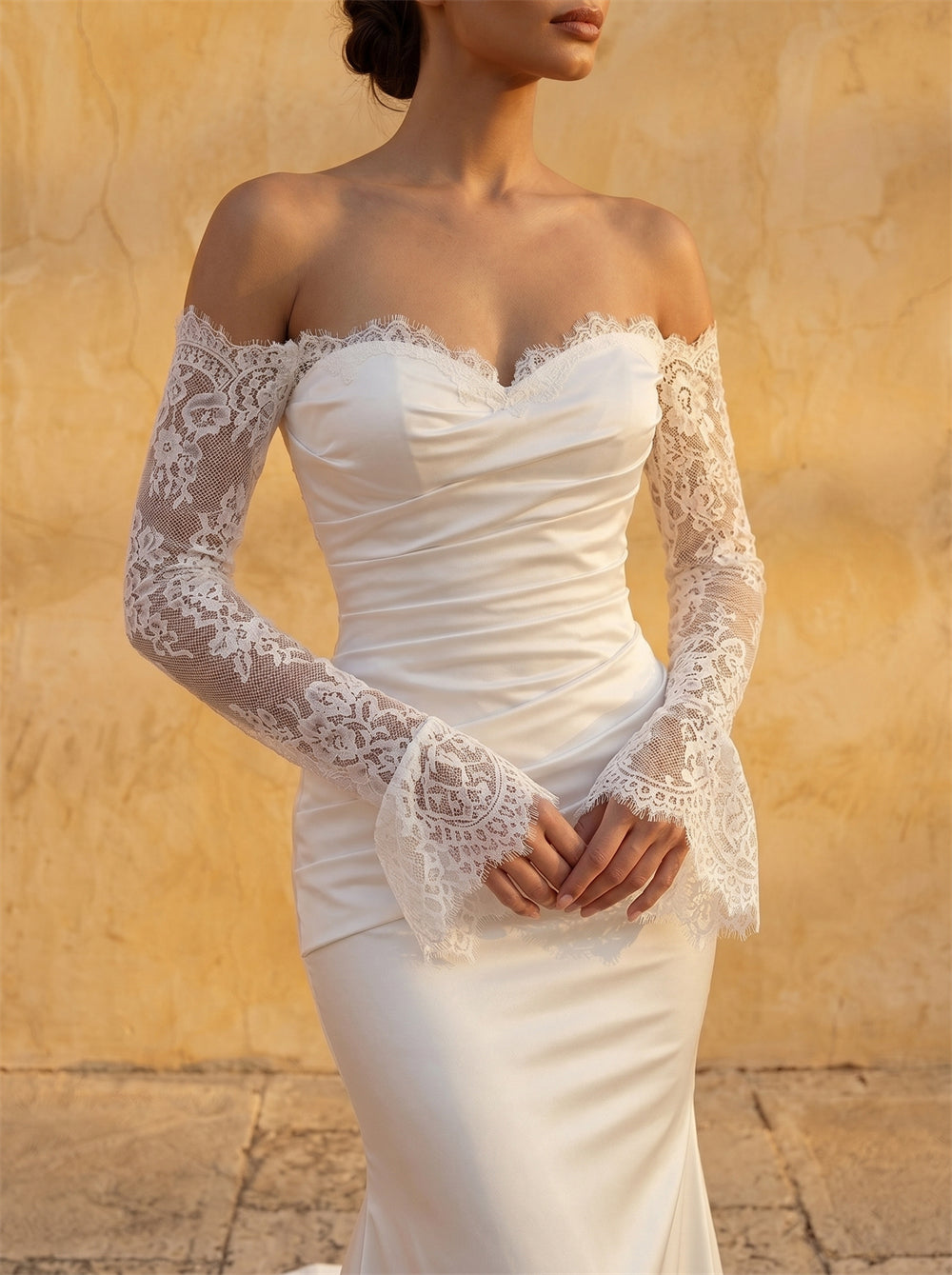 Off Shoulder Lace Long Sleeve Ruched Mermaid Satin Wedding Dress Bridal Dress