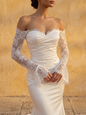 Off Shoulder Lace Long Sleeve Ruched Mermaid Satin Wedding Dress Bridal Dress