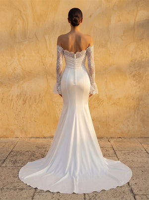 Off Shoulder Lace Long Sleeve Ruched Mermaid Satin Wedding Dress Bridal Dress