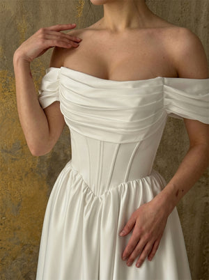 Off Shoulder Ruched Bodice Corset Chiffon Wedding Dress Lace Up Back Flowy A Line Long Train Minimalist Elegant Bridal Dress