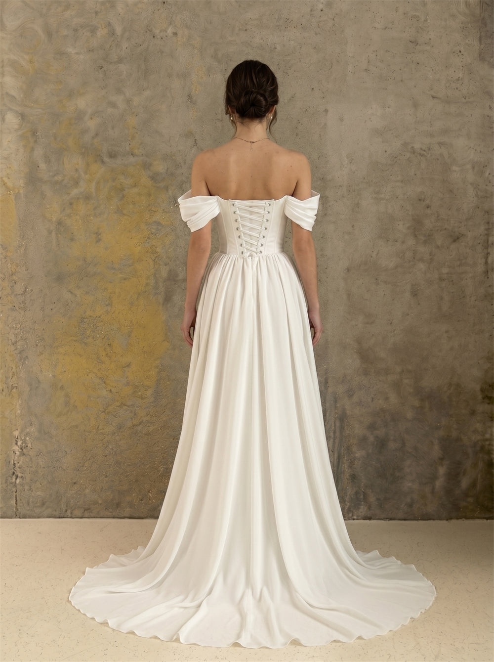 Off Shoulder Ruched Bodice Corset Chiffon Wedding Dress Lace Up Back Flowy A Line Long Train Minimalist Elegant Bridal Dress