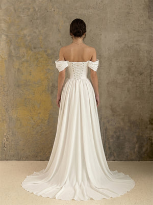 Off Shoulder Ruched Bodice Corset Chiffon Wedding Dress Lace Up Back Flowy A Line Long Train Minimalist Elegant Bridal Dress
