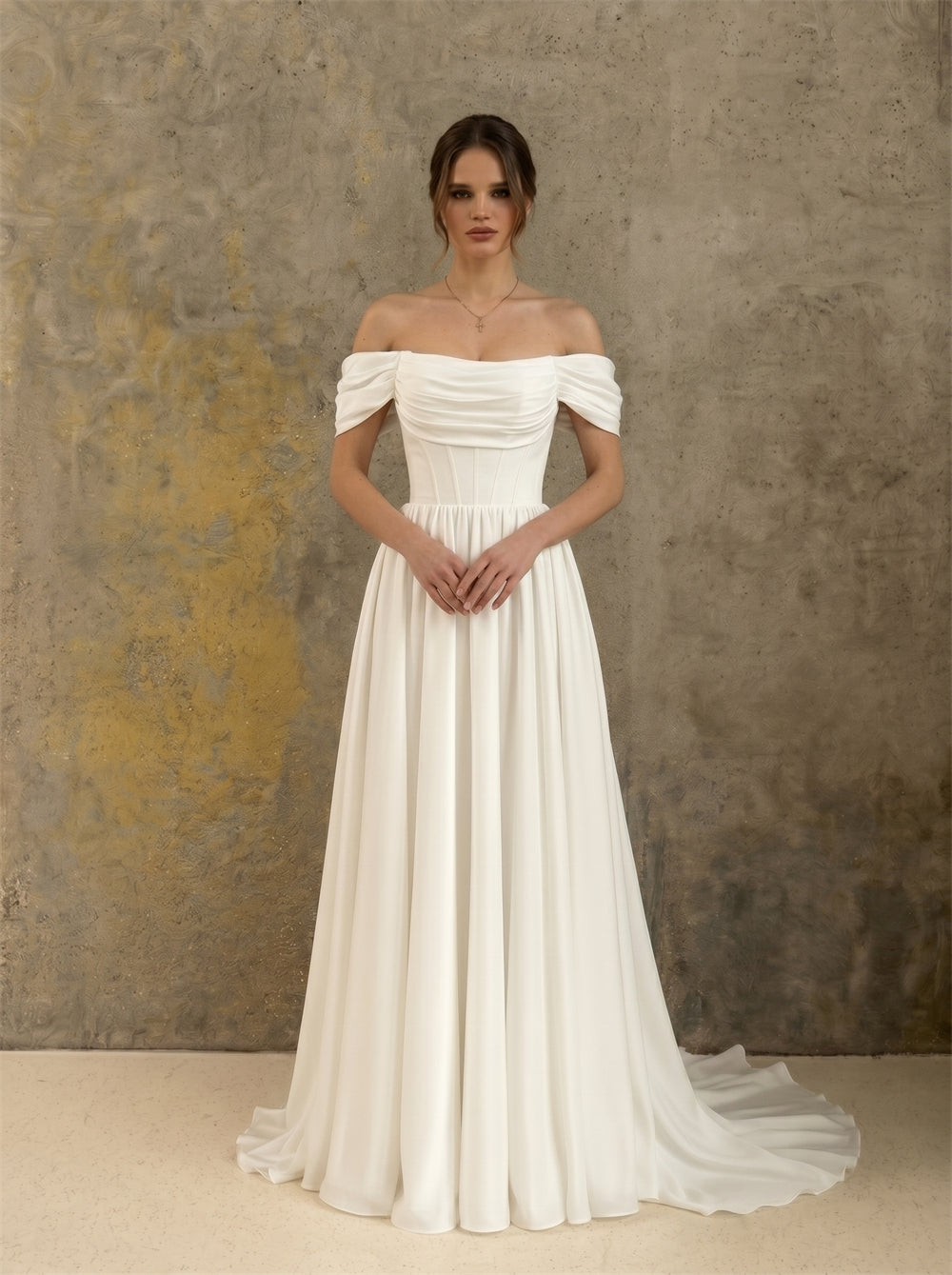 Off Shoulder Ruched Bodice Corset Chiffon Wedding Dress Lace Up Back Flowy A Line Long Train Minimalist Elegant Bridal Dress