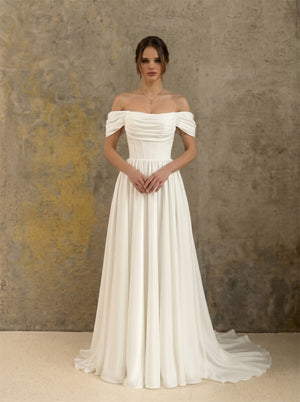 Off Shoulder Ruched Bodice Corset Chiffon Wedding Dress Lace Up Back Flowy A Line Long Train Minimalist Elegant Bridal Dress