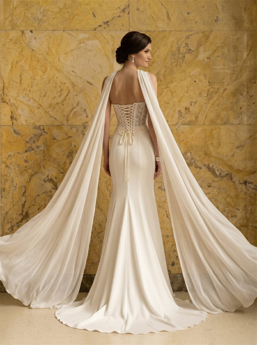 Sweetheart Lace Corset Mermaid Satin Wedding Dress Detachable Long Chiffon Cape Cloak Lace Up Low Back Bridal Dress
