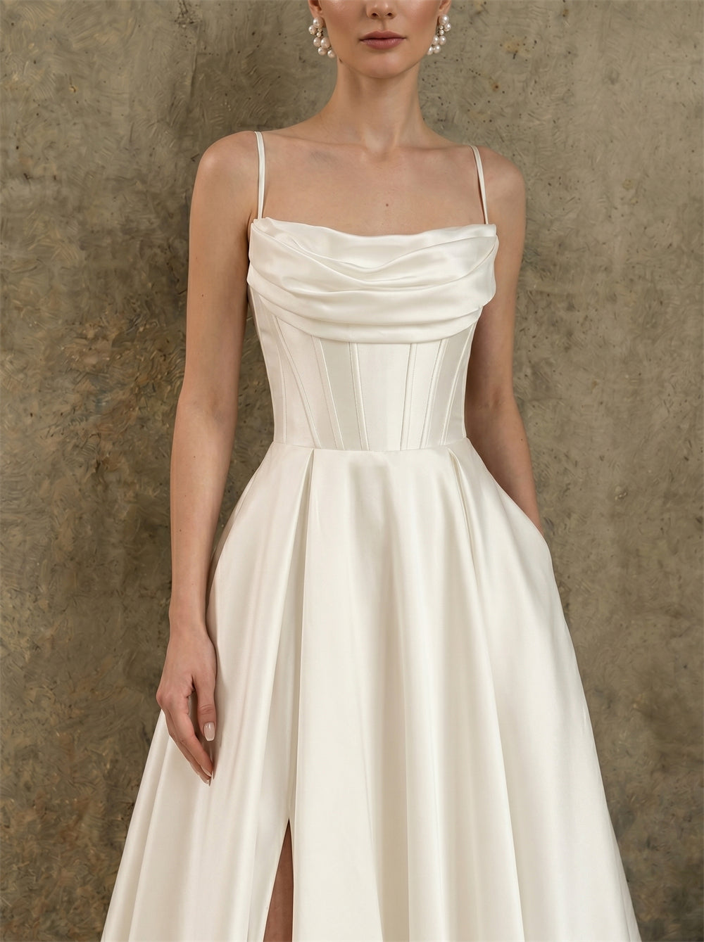 Thin Spaghetti Strap Cowl Neck Corset Satin Wedding Dress High Slit A Line Lace Up Back With Side Pockets Bridal Dress