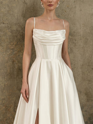 Thin Spaghetti Strap Cowl Neck Corset Satin Wedding Dress High Slit A Line Lace Up Back With Side Pockets Bridal Dress