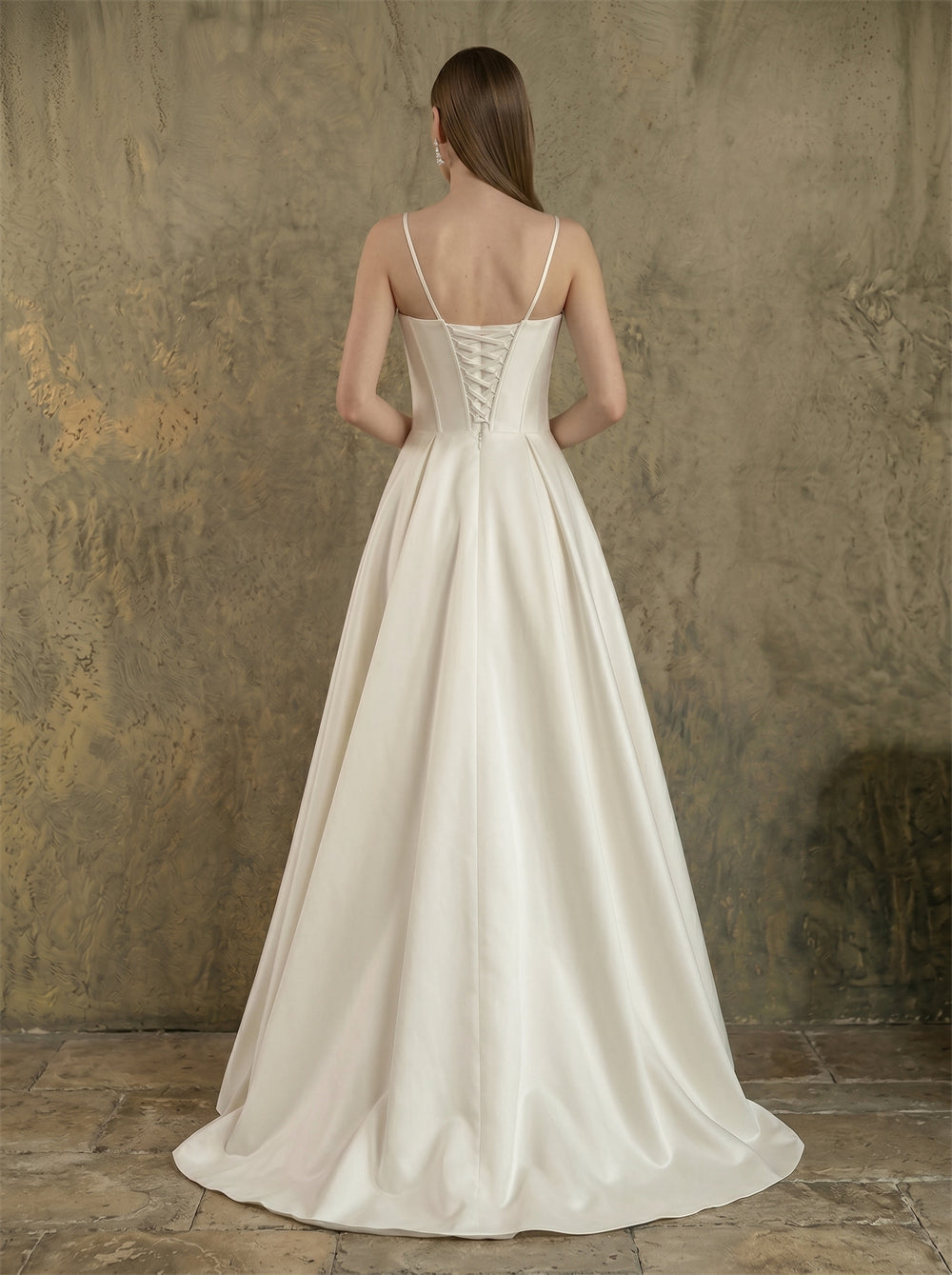 Thin Spaghetti Strap Cowl Neck Corset Satin Wedding Dress High Slit A Line Lace Up Back With Side Pockets Bridal Dress