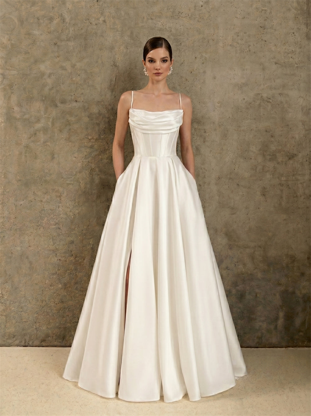 Thin Spaghetti Strap Cowl Neck Corset Satin Wedding Dress High Slit A Line Lace Up Back With Side Pockets Bridal Dress