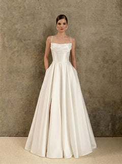 Thin Spaghetti Strap Cowl Neck Corset Satin Wedding Dress High Slit A Line Lace Up Back With Side Pockets Bridal Dress